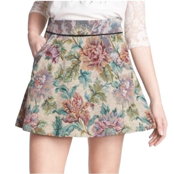 Free People Floral Tapestry Mini Skirt Textured Pockets Victorian Grandma Core - Picture 1 of 11